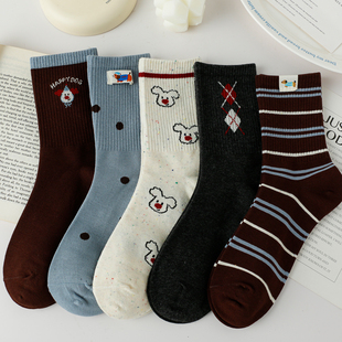 蓝咖色秋冬袜子女中筒袜纯棉可爱卡通饰品冬季 运动外穿长袜甜美厚