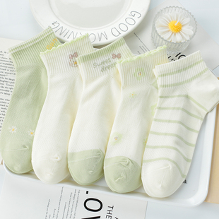 绿色袜子女短袜夏季 纯棉浅口网眼透气可爱卡通镂空船袜百搭 薄款