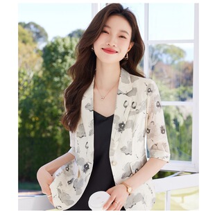 印花小西装女中袖外套上衣美容前台工作服行政商务西服连衣裙套装