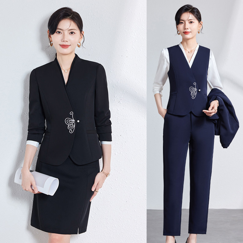 2024年秋冬新中式职业女装长袖制服酒店西餐厅复古旗袍扣西装套装