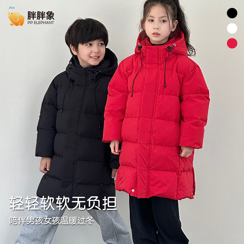 秋冬季新款男女儿童白鸭绒纯色加厚连帽保暖中长款羽绒服小孩