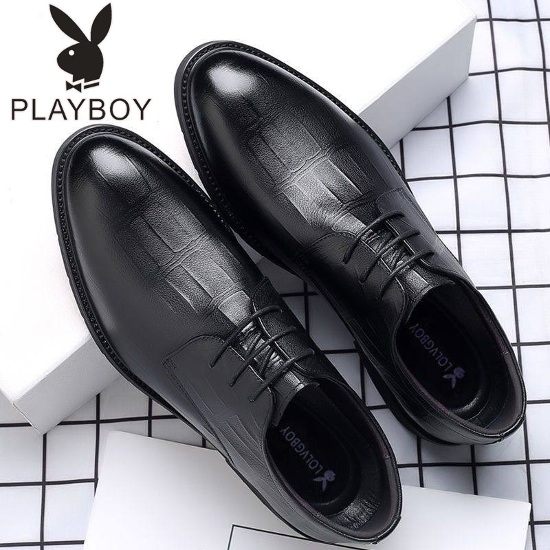 花花公子男鞋冬季真皮商务正装皮鞋男士加绒小黑鞋英伦青年婚鞋潮