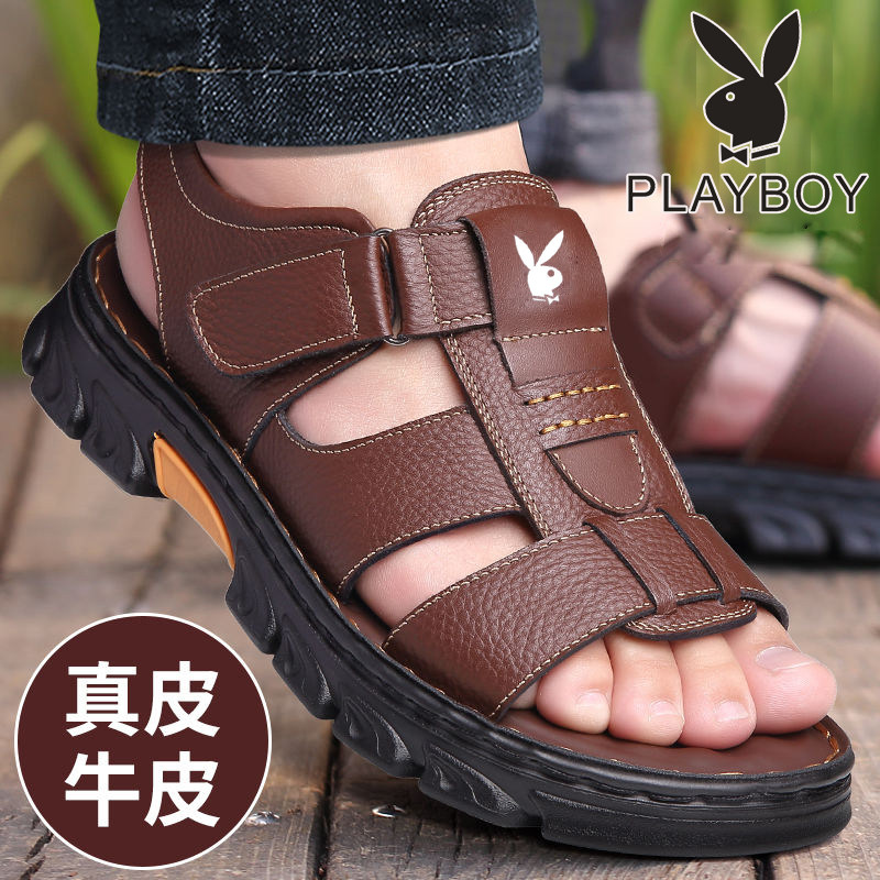 花花公子凉鞋男士休闲沙滩鞋真皮透气夏季拖鞋厚底防滑中年爸爸鞋