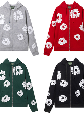 加绒DENIM TEARS木棉花发泡印花美式拉链卫衣男女连帽衫外套开衫