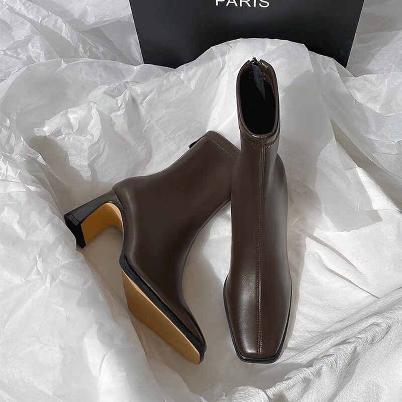 小踝靴后拉链弹力方头瘦瘦靴