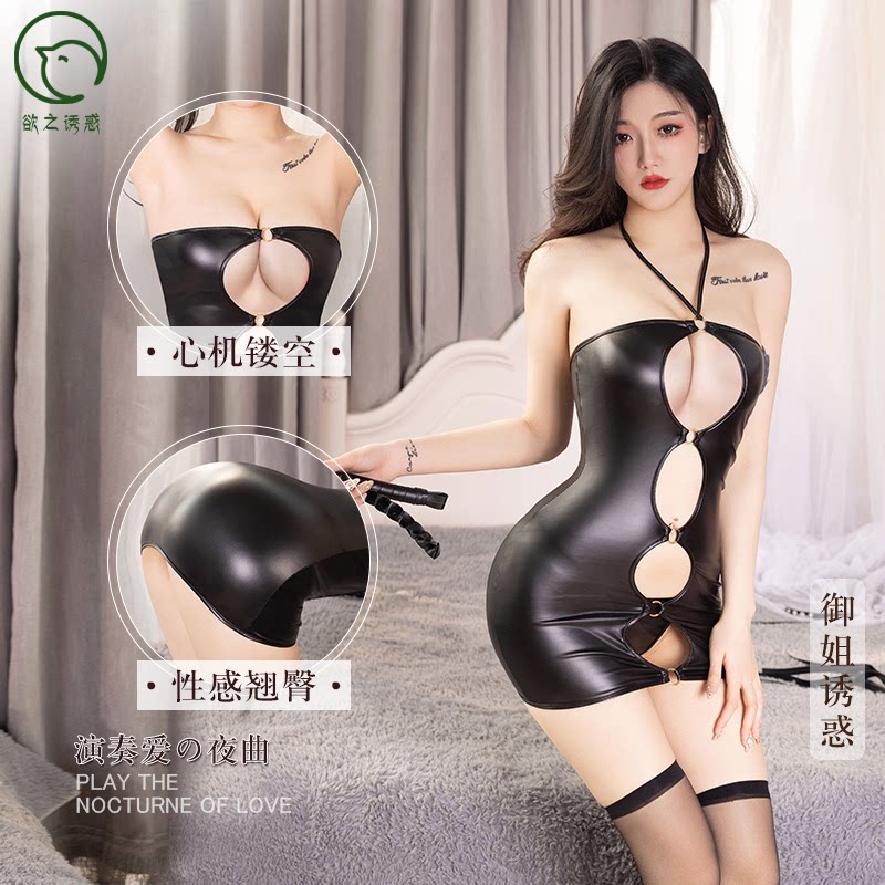 S性感M黑色亚光皮情趣露胸抹胸吊带连衣裙内衣床上性爱调教制服女