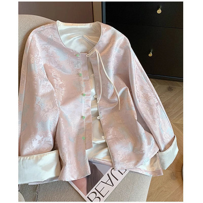 茱萸粉新中式提花圆领短外套女秋季2025年国风高ji感改良唐装上衣