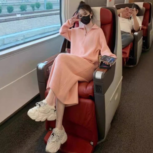 高领拉链针织连衣裙女2025秋冬新款 内搭裙子配大衣毛衣裙打底长裙