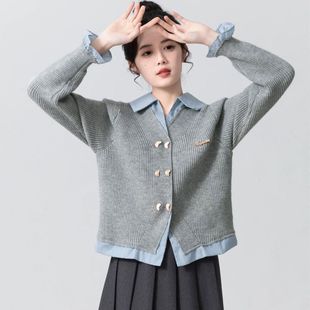 拼接针织开衫 POLO领衬衫 短上衣 假两件毛衣外套女春秋新款 2025新款