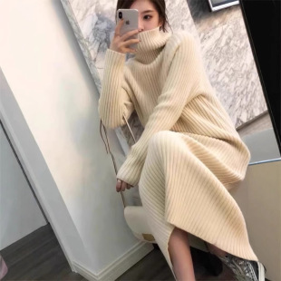 长款 白色打底过膝针织连衣裙内搭长裙连身裙 高领毛衣裙女加厚冬季