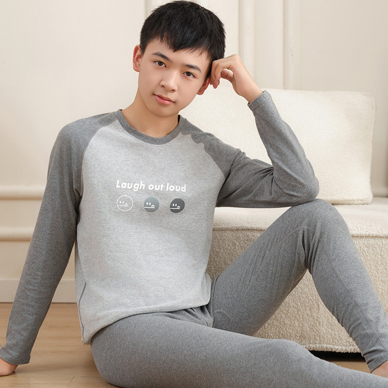 青少年秋衣秋裤套装纯棉男大童保暖内衣男士初中高中学生全棉毛衫