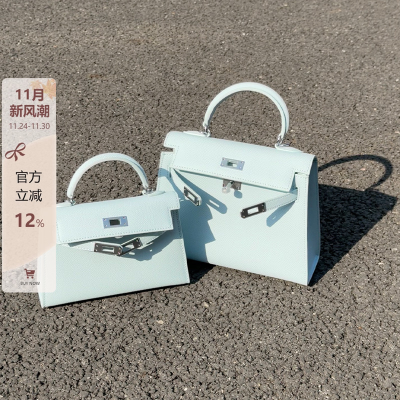 真皮蓝色宽肩带凯莉包包女百搭手提包2025新款高级感单肩斜挎包夏