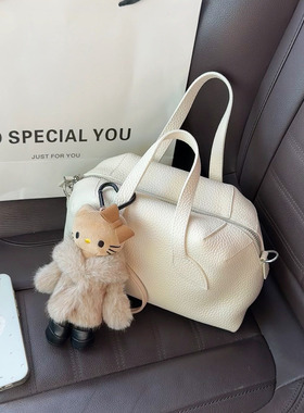 头层牛皮小众波士顿包女白色手提保龄球包包高级感单肩斜挎枕头包