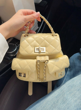小香风黄色双肩包包女百搭菱格链条包2025新款高级感真皮单肩背包