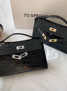 真皮一代手提凯莉包女高级质感黑色鳄鱼纹包包秋冬新款单肩斜挎包