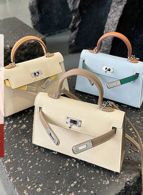 撞色拼接mini二代凯莉包包女高级感真皮手提包百搭牛皮单肩斜挎包