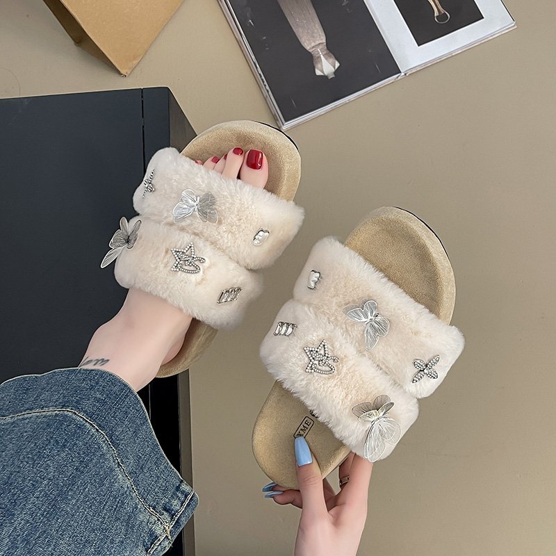 高颜值气质精致蝴蝶毛绒绒拖鞋女秋冬外穿时尚百搭厚底防滑毛毛拖