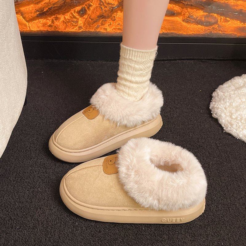 软糯可爱小熊加绒棉鞋女冬季外穿软厚底防滑舒适卡通毛绒绒包跟鞋