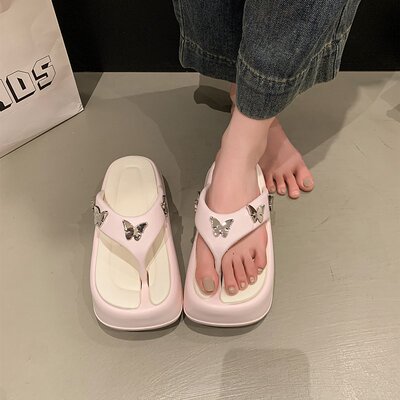 气质精致高颜值蝴蝶夹板拖鞋女夏季外穿可爱厚底增高小个子人字拖