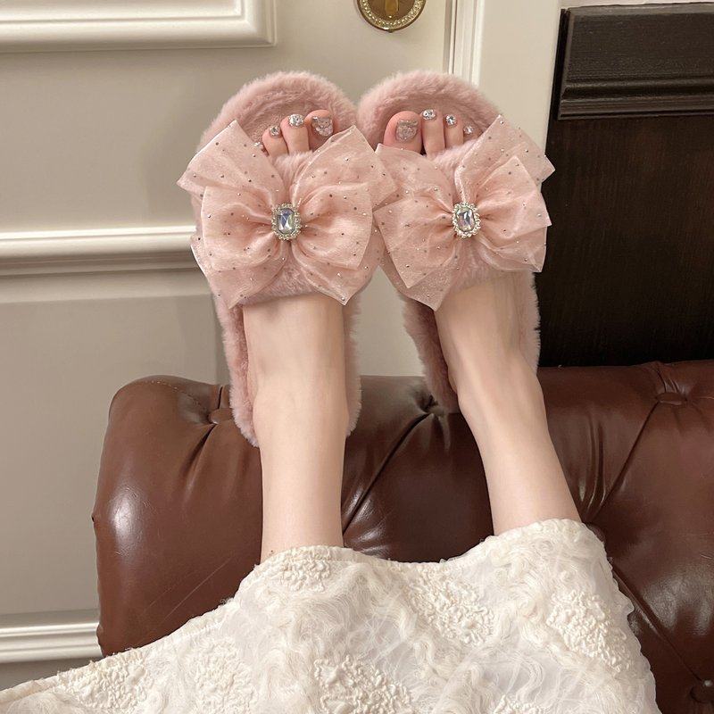 高颜值精致蝴蝶结毛毛拖女秋冬季居家软底可爱防滑舒适毛绒绒拖鞋,女鞋,一字拖,淘宝优惠券,粉丝福利购,淘宝优惠卷