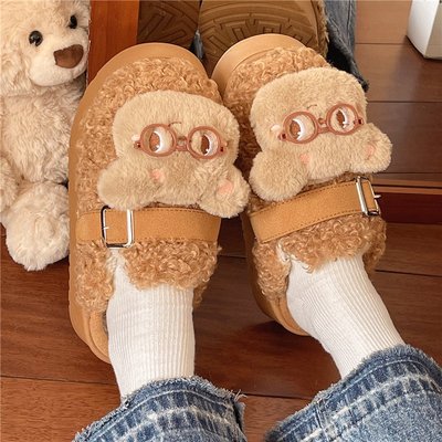 呆萌可爱小萌神小熊耐脏棉拖鞋女冬季外穿加绒保暖软厚底毛绒拖鞋