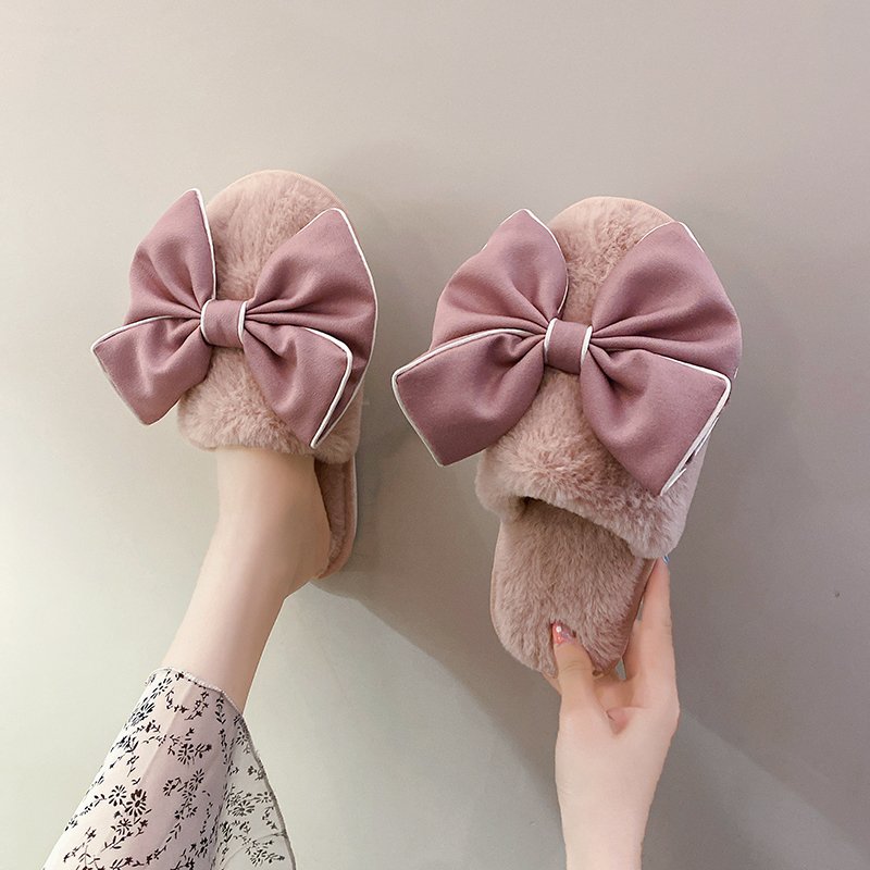 甜美可爱气质蝴蝶结毛绒绒拖鞋女秋冬居家软底防滑舒适保暖棉拖鞋