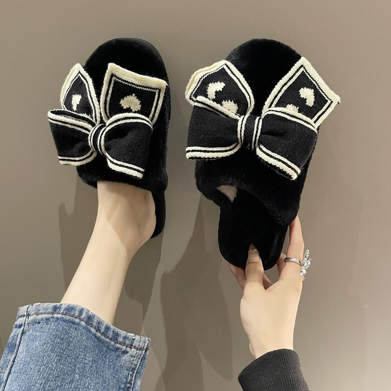 优雅可爱小公主蝴蝶结毛绒绒拖鞋女秋冬季外穿气质洋气软底棉拖鞋