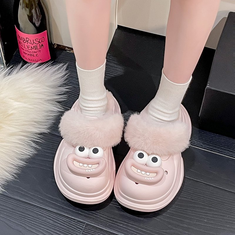 萌趣可爱搞怪个性大眼加绒洞洞鞋女秋冬外穿小个子厚底增高棉拖鞋