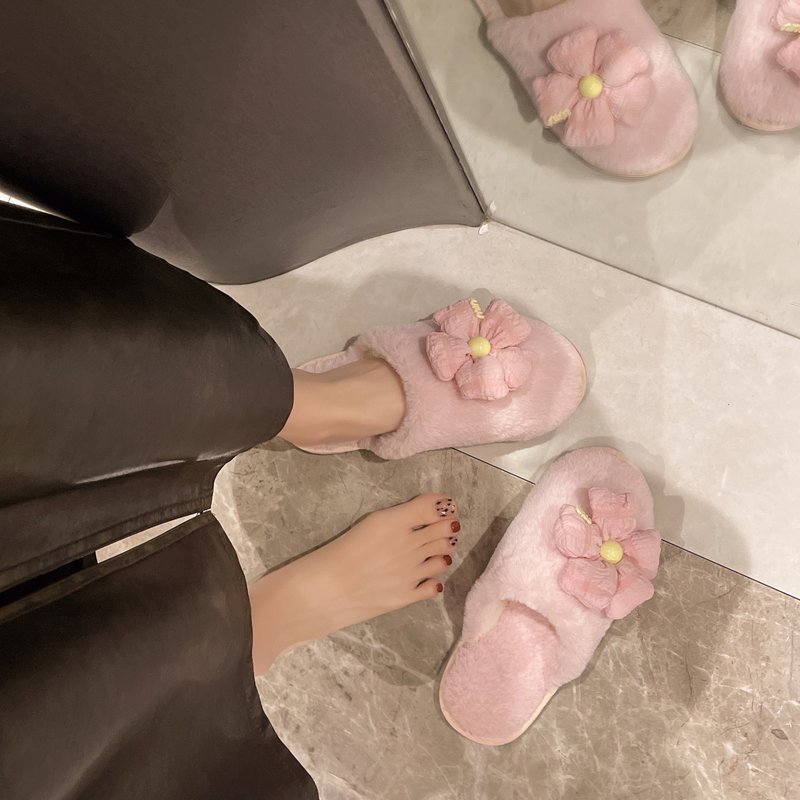 甜里甜气可爱小花棉拖鞋女秋冬季外穿保暖加绒舒适软底毛绒绒拖鞋