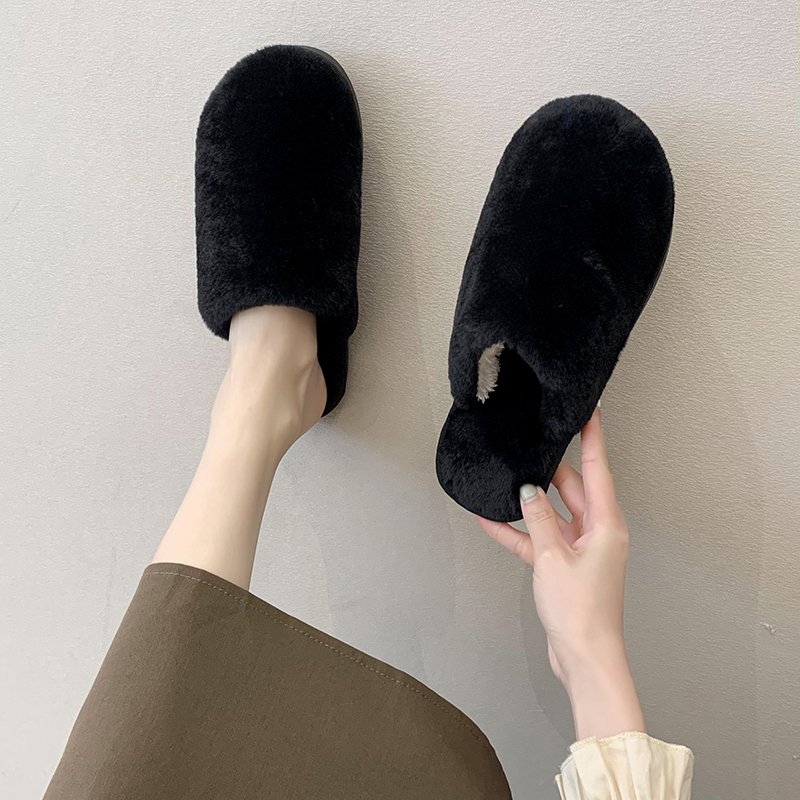 耐脏黑色简约加绒棉拖鞋女秋冬季外穿软乎乎舒适平底保暖毛绒拖鞋