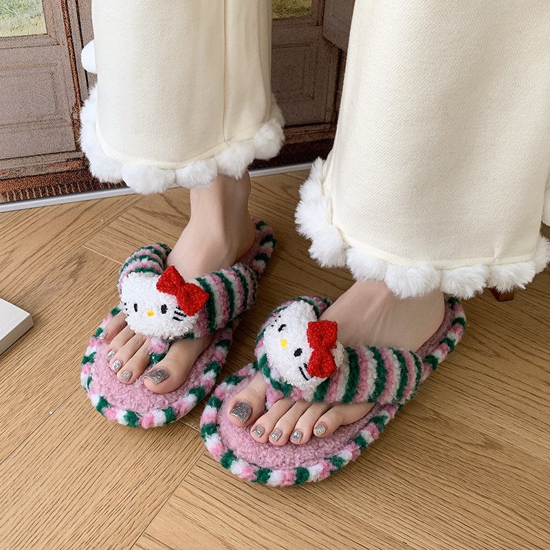 可爱乖巧减龄凯蒂猫夹板毛毛拖女秋冬居家软乎乎舒适防滑毛绒拖鞋