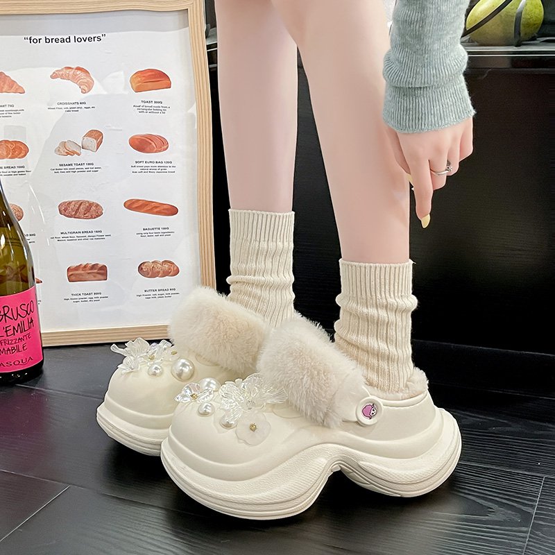 精致高颜值仙气蝴蝶棉拖鞋女秋冬外穿厚底增高小个子防滑洞洞拖鞋