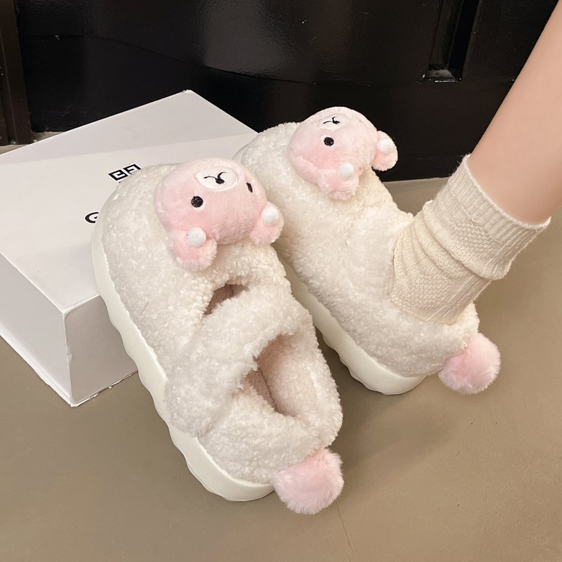 呆萌可爱小熊毛绒绒棉鞋女秋冬季外穿软厚底防滑舒适卡通毛毛鞋