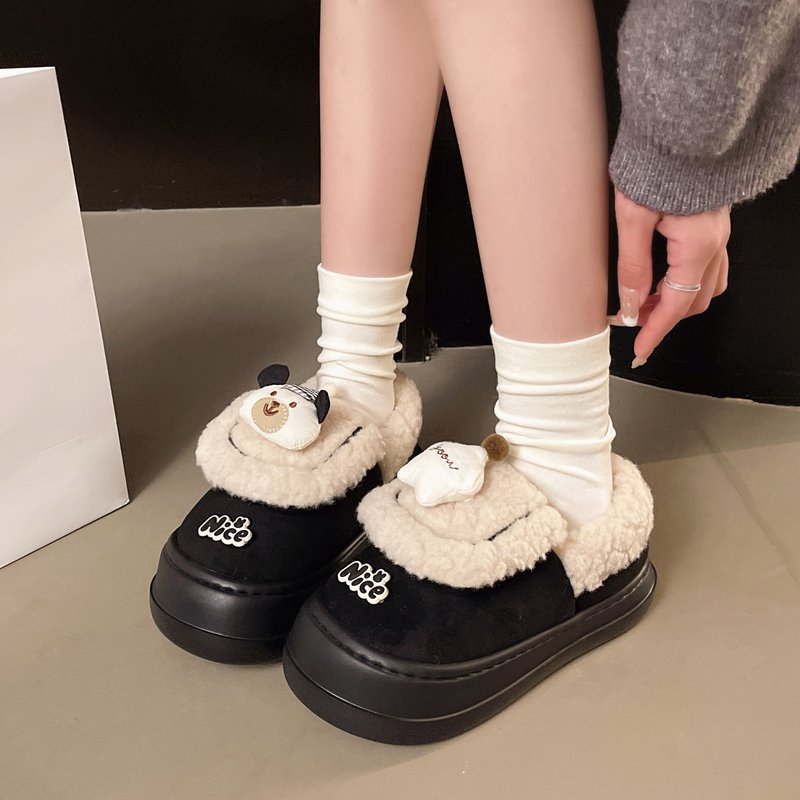 呆萌可爱小熊加绒棉鞋女秋冬季外穿软厚底保暖加绒舒适耐脏包跟鞋
