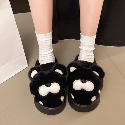 卡通可爱小熊耐脏黑色棉拖鞋女冬季居家软底保暖加绒舒适毛绒拖鞋