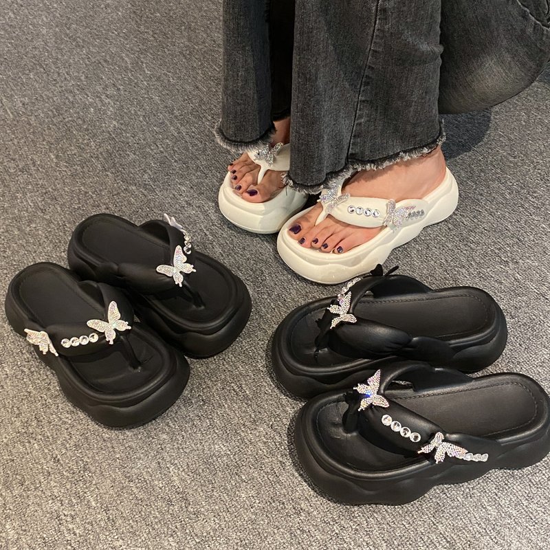 高颜值气质可爱水钻蝴蝶夹板拖鞋女夏外穿百搭时尚厚底防滑人字拖