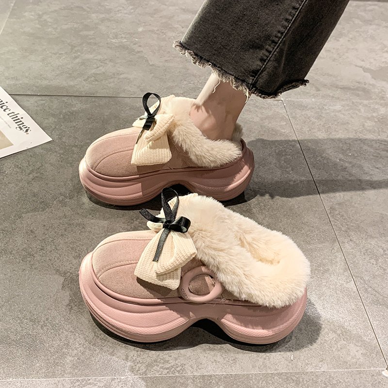 高颜值可爱气质减龄蝴蝶结棉拖鞋女秋冬外穿厚底增高防滑毛绒拖鞋