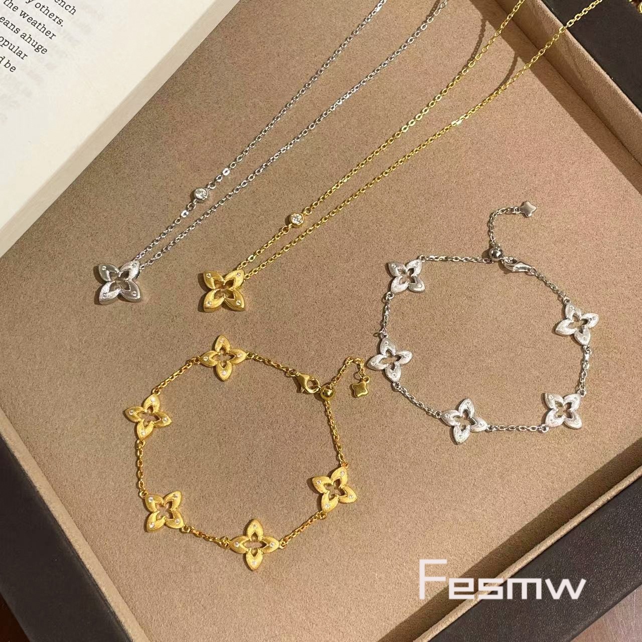 S925纯银四芒星项链手链女款中古高级感镂空拉丝幸运四叶草锁骨链