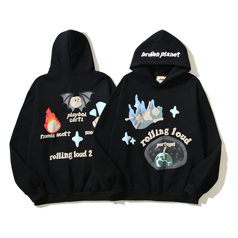 欧美高街复古街头rolling loud骷髅头发泡印花暗黑风连帽卫衣帽衫