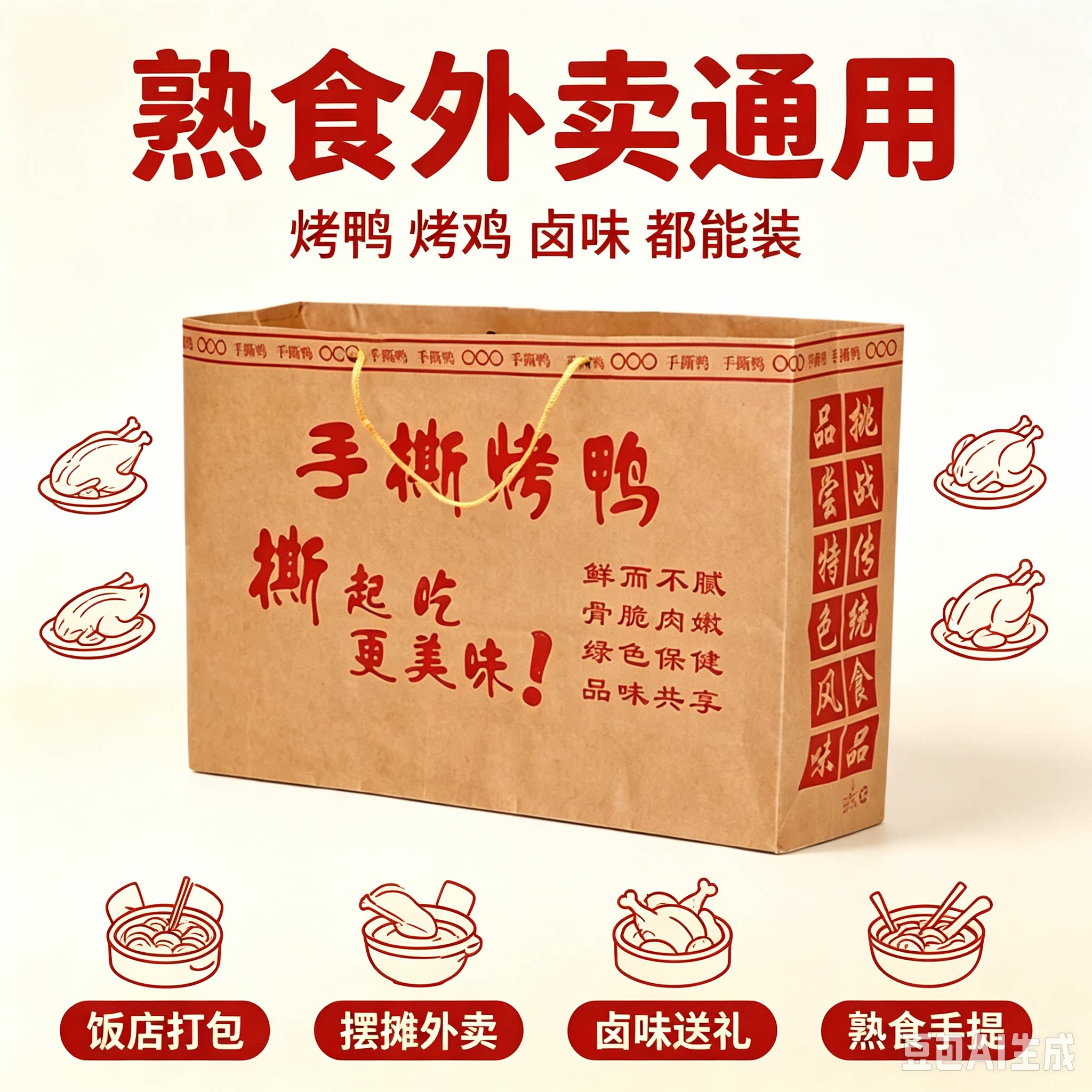 手撕烤鸭手提袋 黄牛皮纸加厚一次性打包袋 烤鸭店专用手提绳纸袋