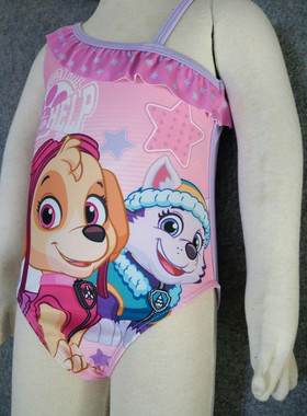 亏本处理y单汪旺狗队天天珠珠女童游泳衣连体斜肩花边泳装