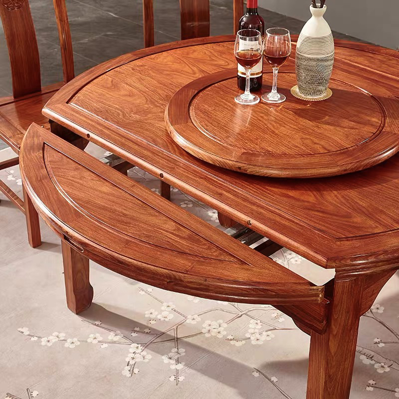 红木圆餐桌刺猬紫檀可伸缩餐台花梨木长餐台中式实木转盘变形餐桌