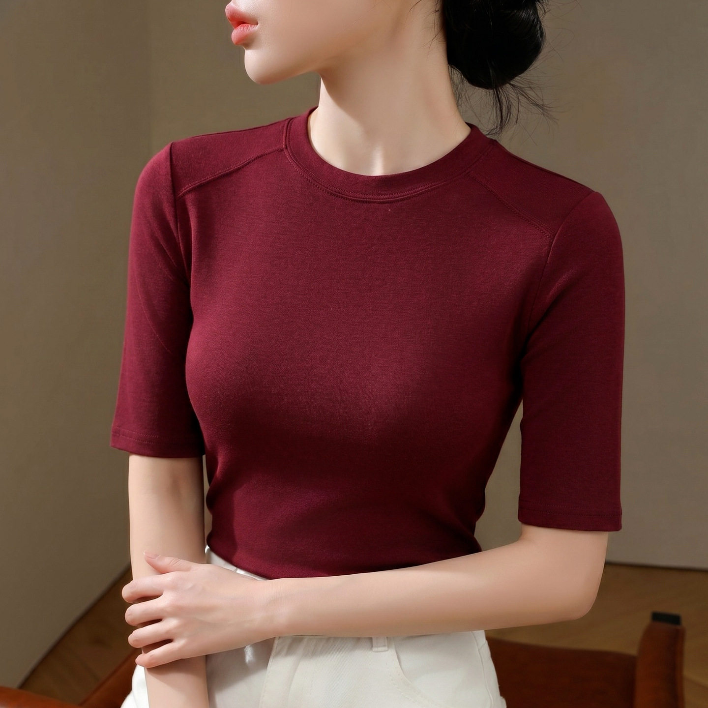 红色莫代尔中袖t恤女2026新款春秋圆领修身显瘦棉七分袖高端上衣