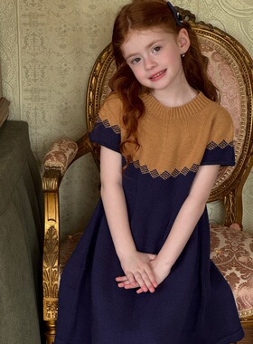 秋季女童拼色 短袖毛衣 女童毛衣裙复古A字裙