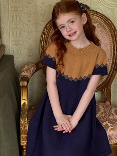 秋季女童拼色 短袖毛衣 女童毛衣裙复古A字裙