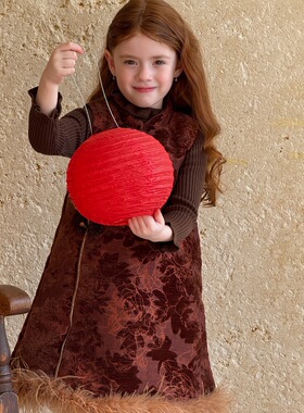 冬季女童新中式夹棉加厚旗袍连衣裙 棕色丝绒复古拜年服