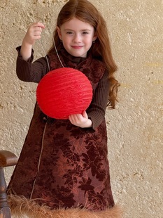 棕色丝绒复古拜年服 夹棉加厚旗袍连衣裙 冬季 女童新中式