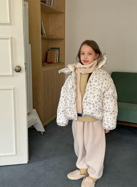 秋冬中小童韩版女童格子碎花连帽加厚棉衣外套棉服