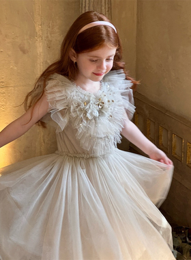 夏季新品女童公主裙儿童生日礼服蓬蓬裙重工手工钉钻网纱裙