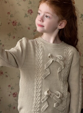 冬季新品 韩版儿童立体蝴蝶结麻花毛衣 女童复古甜美毛衣